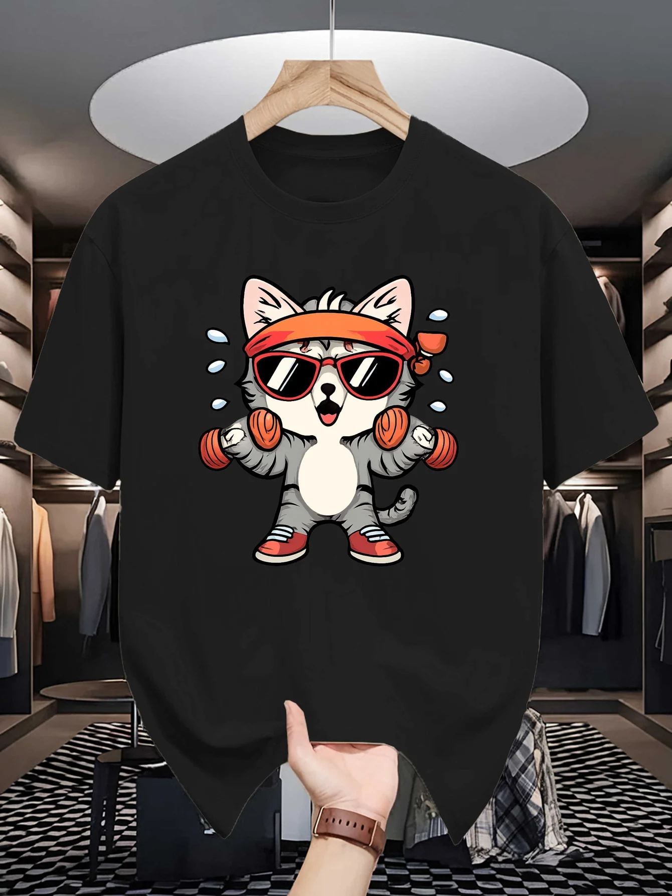 Gym Workout Cat Print Mens Crew Neck T Shirt Cool Dumbbell Lifting Tabby Cartoon Graphic Short Sleeve Casual Cotton Street Tees