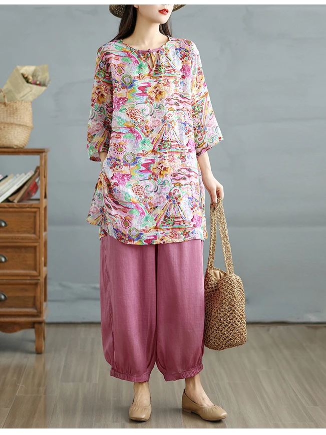 

Spring Summer Casual Large Size Women's Cotton Linen Two-Piece Set Sweet Style High Waist Lantern Pants Mid-Length Top