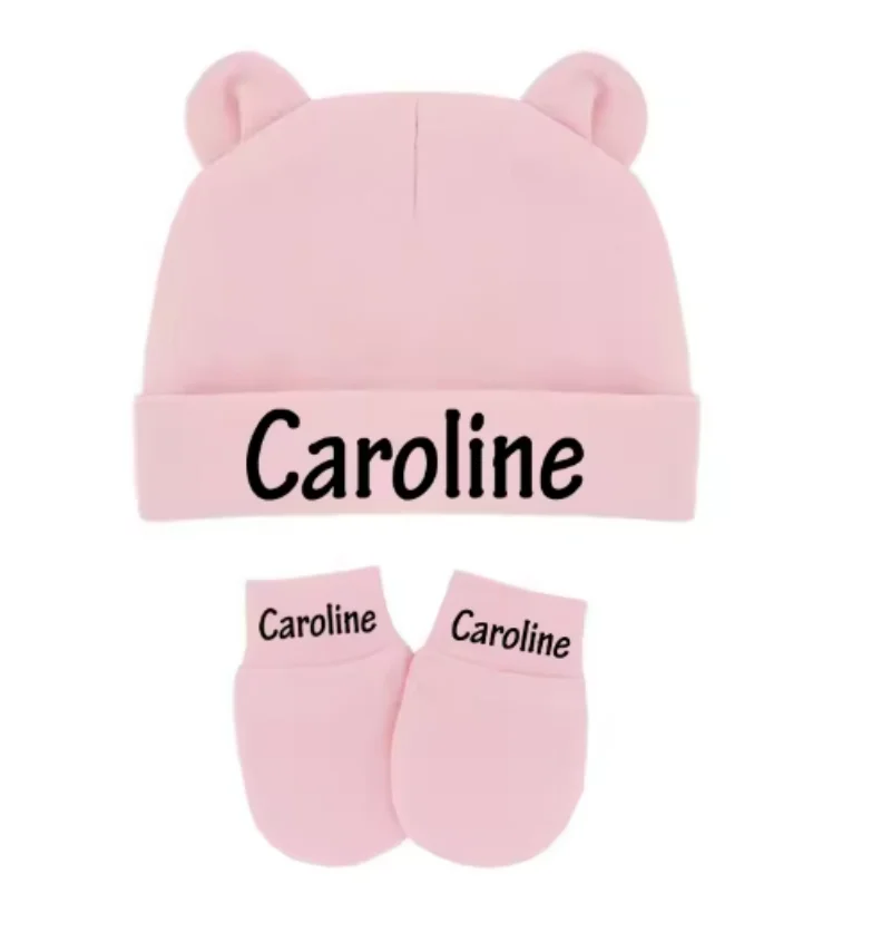 

Personalized Newborn Baby Beanie Cute Baby Name Hat and Gloves with Ears Cotton Stretch Boys Girls Warm Hat Gloves Shower Gift