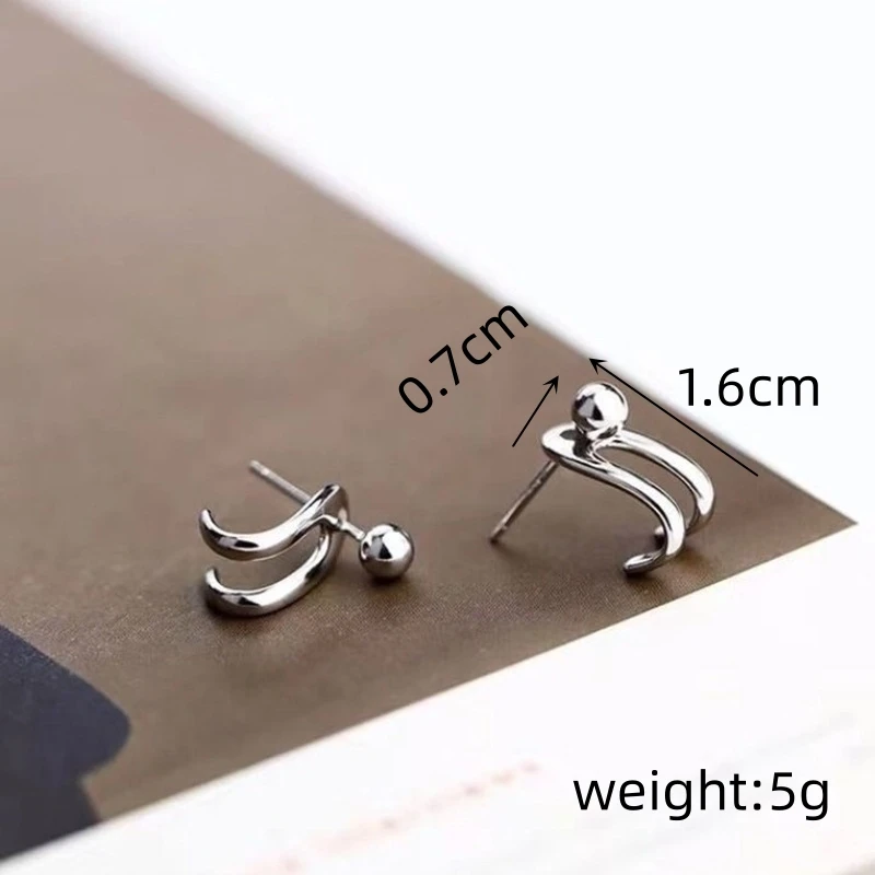 Double Line Hook Curved Ball Back Hang Post Stud Earrings Two in One Geometric Silver Color Metal Brincos Jewelry Girl Gift image 5