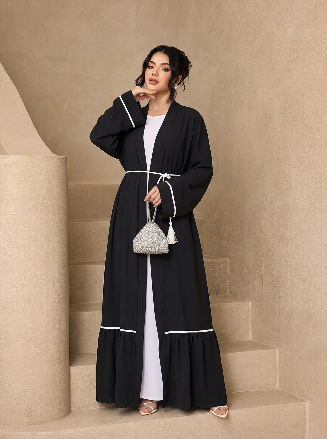 Contrast Piping Ruffle Hem Open Abaya 3 Piece Set With Hooded Hijab Tassel Belt, Modest Outfit For Muslim Women Eid Daily Wear