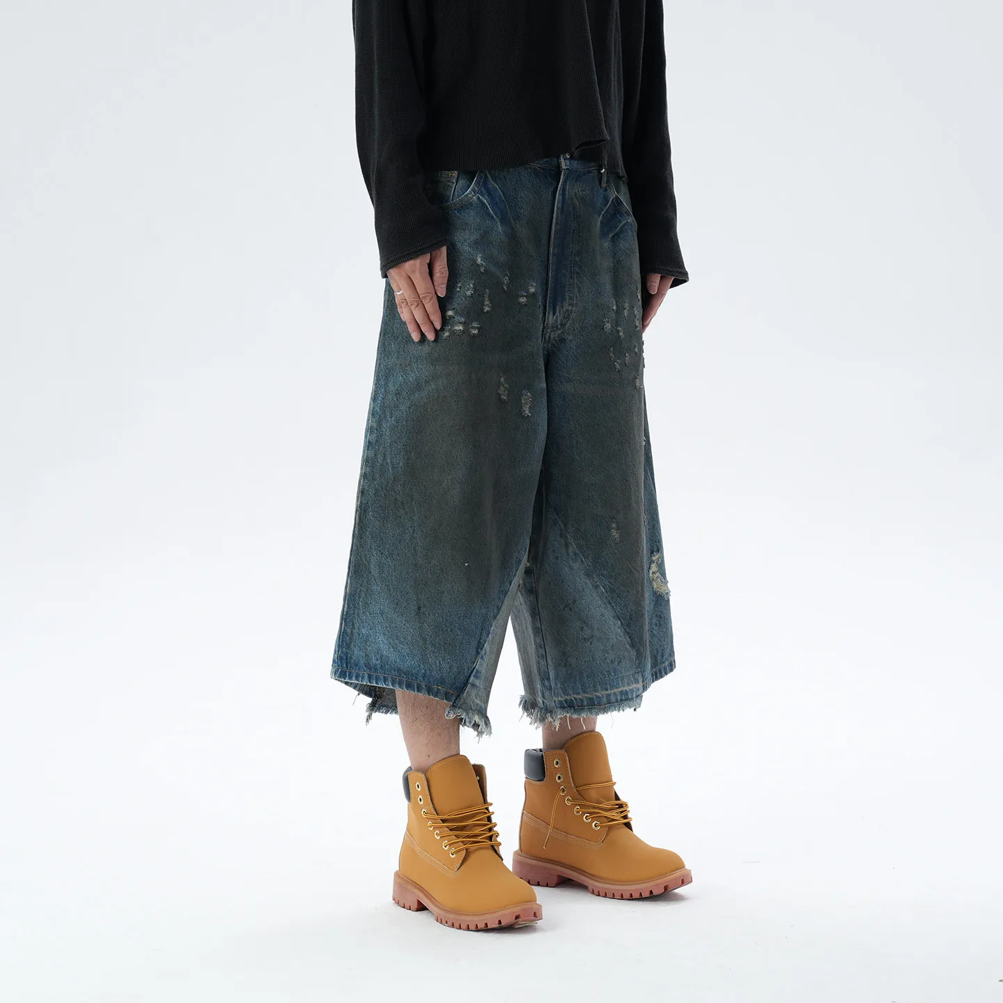 Fashion American Retro High Street Waste Soil Wiping Dirty Mud Dyeing Deconstruction Stitching Wide Leg Cropped Pants Men