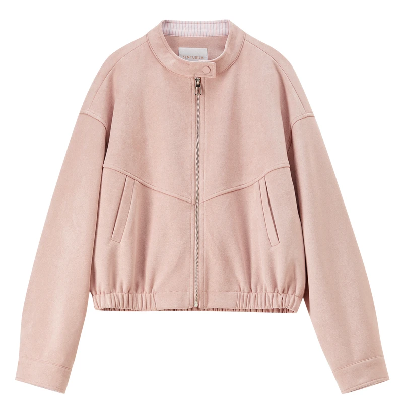 Kurtka zamszowa damska SENTUBILA 2026, codzienna, panelowa, w paski, ze stójką, kurtka ze sztucznej skóry, nowa, luźna kurtka wiosenna W61WB5961