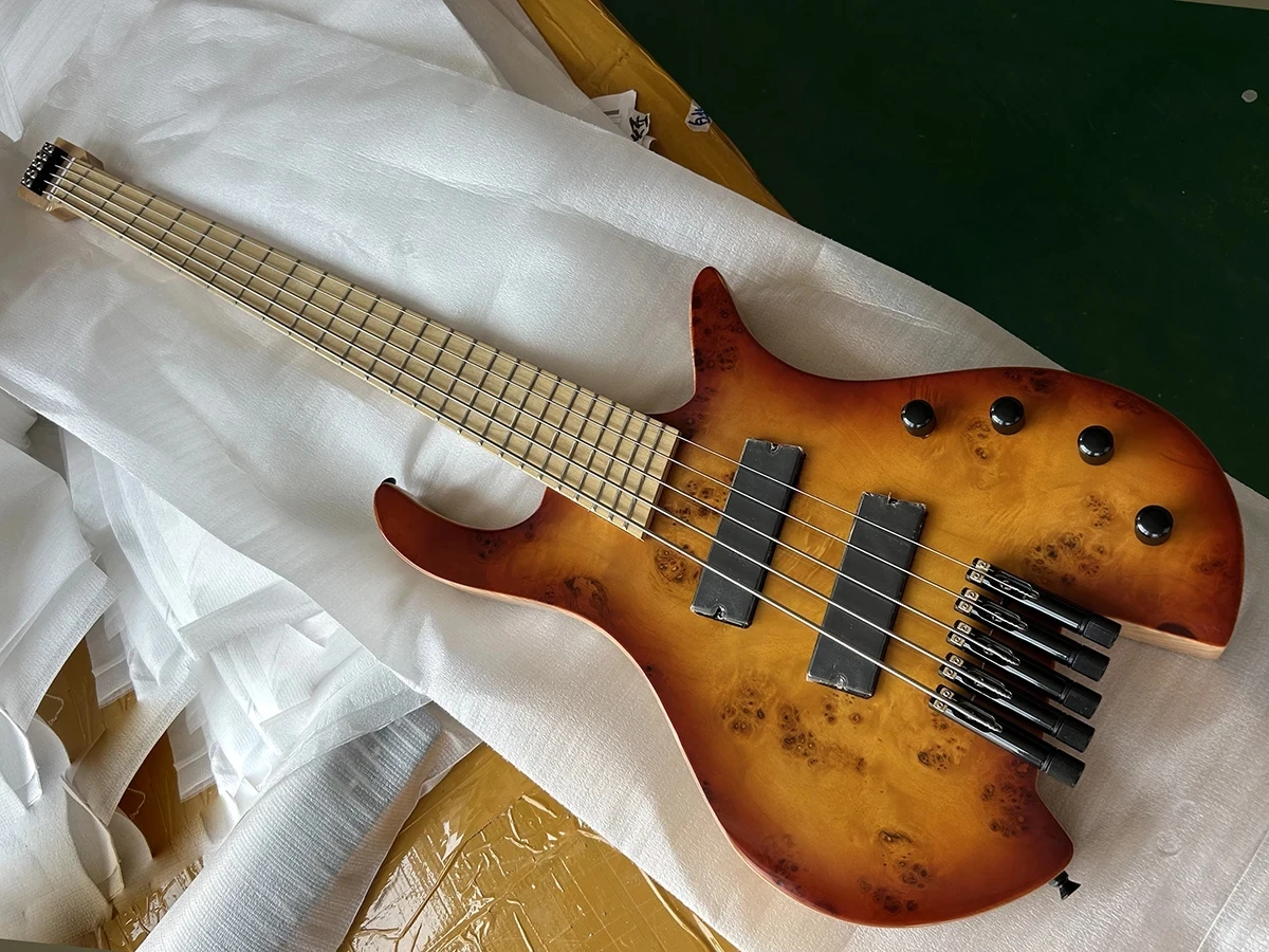 High Quality Headless Fanned Frets 5 Strings  Bass Guitar 24 Frets Maple Neck Burl Maple Veneer Factory Customizable