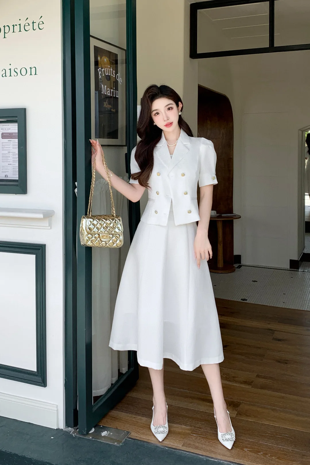 

Ladies' temperament solid color short top A-line skirt set 2025