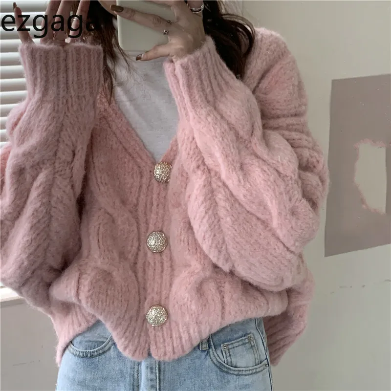 Ezgaga Warm Sweater Women V-Neck Solid Thick Outwear 2020 Autumn Winter Tender Sweet Girl Loose Knitted Cardigan Female Tops