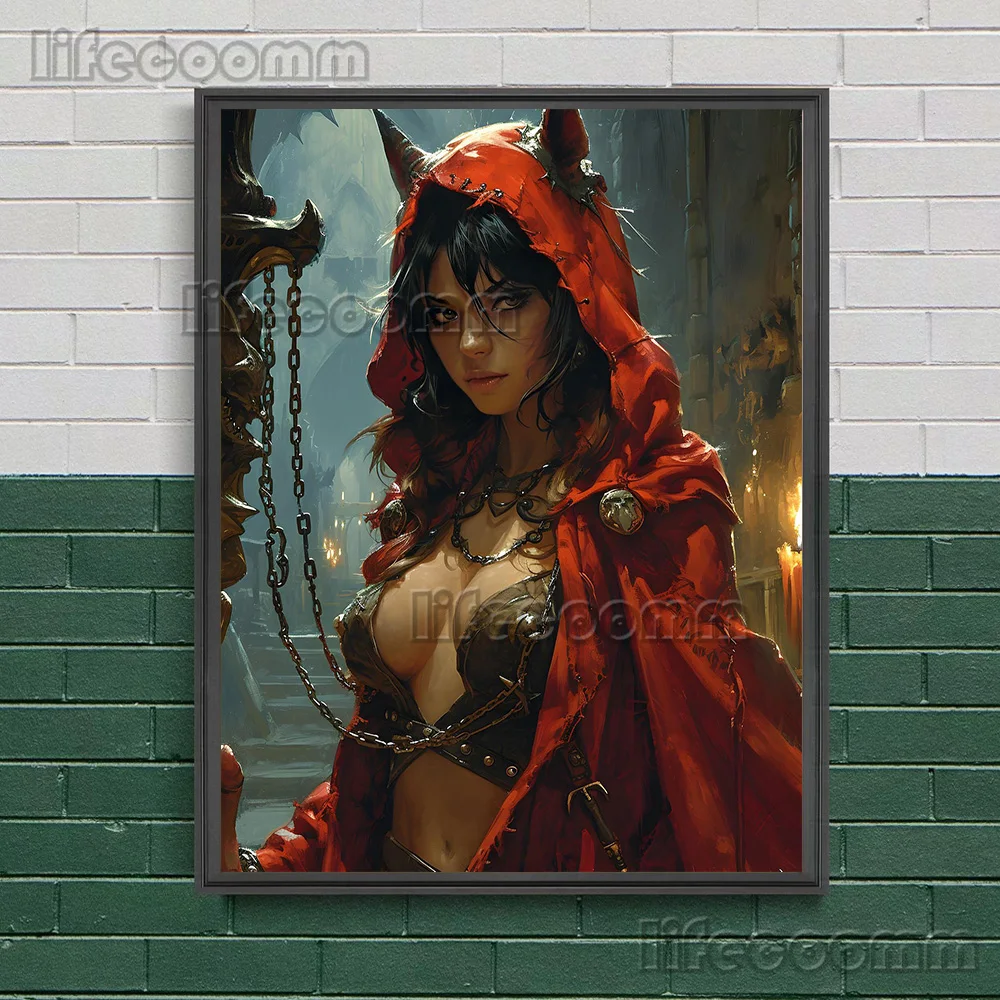 Demonic Succubus And Victorian Witch Holding Magic Wand,Vintage Wall Art Print,Witch Portrait Illustration Art Poster Print
