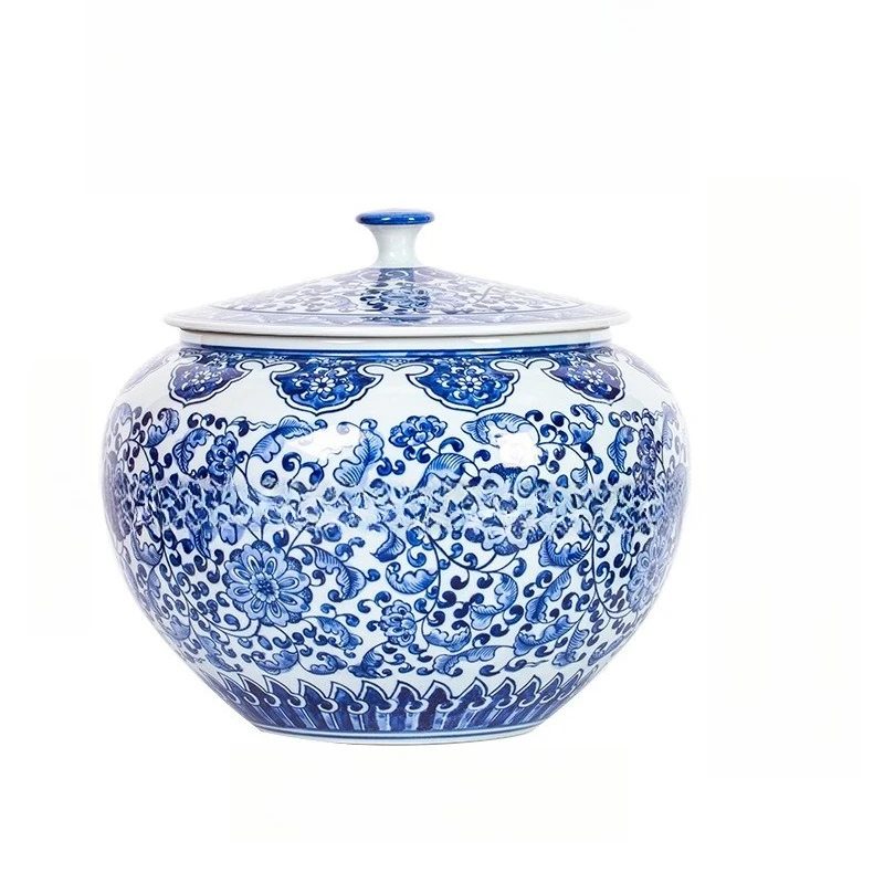 

Ceramic ornaments Chinese hand-painted twisted lotus Pisces twisted lotus tea can tea tank large storage tank flower