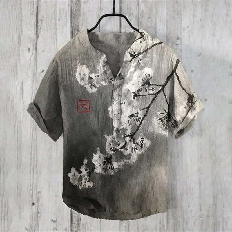 Camisa de lino con estampado 3D para hombre, camisa de manga corta con cuello en V, informal, elegante, primavera y verano, novedad