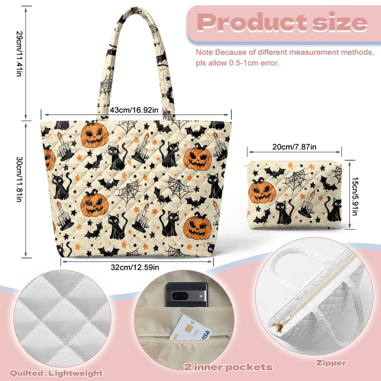 Coloranimal Halloween 2 Piece Embroidered Zippered Purses and Handbags Set Shoulder Bag with Cosmetic Bag for Travel