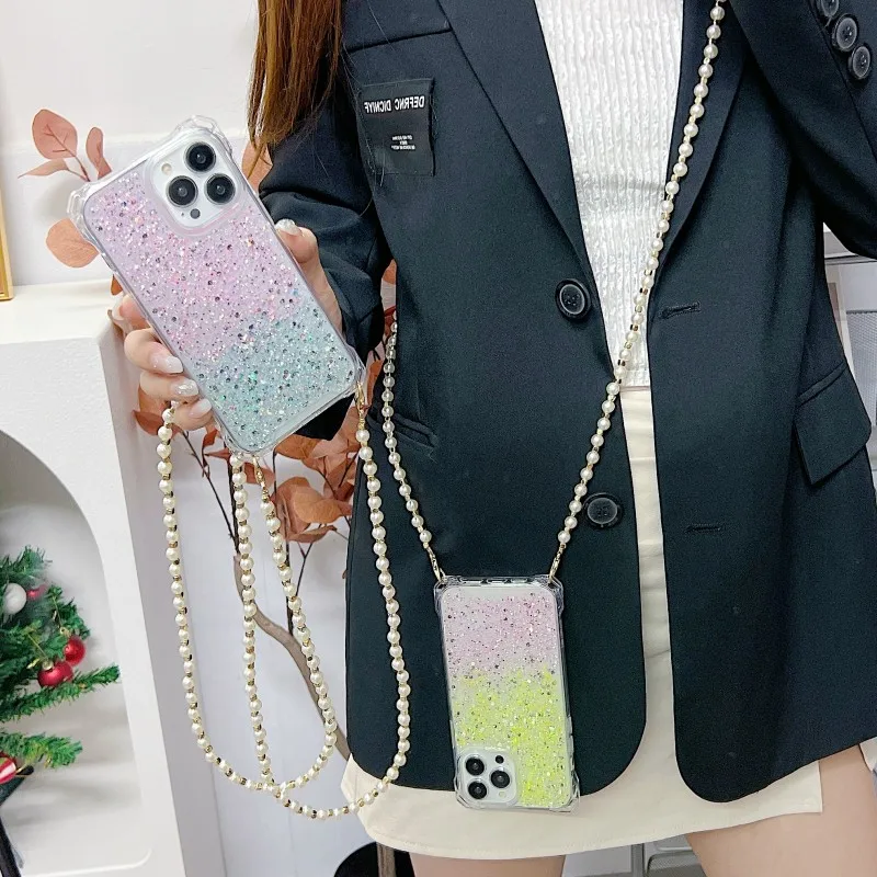 Glitter Pearl Strap Case For Samsung Galaxy A55 A54 A15 A34 A14 A53 S22 S24 S23 Ultra Four Corners Crossbody Long Lanyard Cover image 3