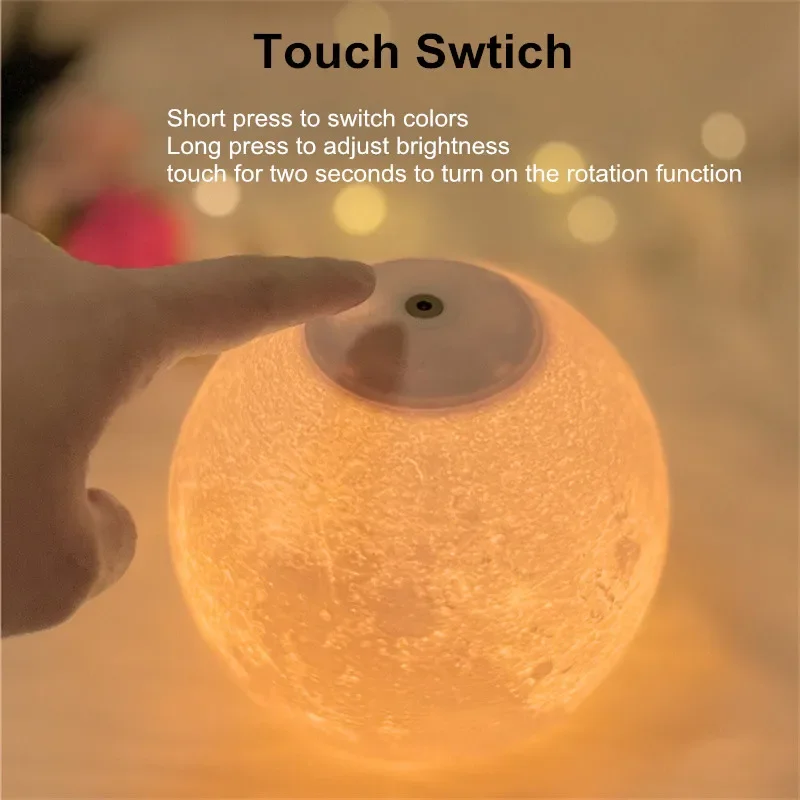 16 Colors 3D Moon Table Lamp 360° Rotating Lunar LED Night Light for Home Room Decor Touch Control Rechargeable Desktop Lamp