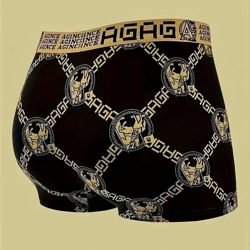 8pcs Men's Boxer Briefs - Elegant Black & Golden Greek Pattern Underwear, Stretchy Soft Breathable Boxers for Everyday