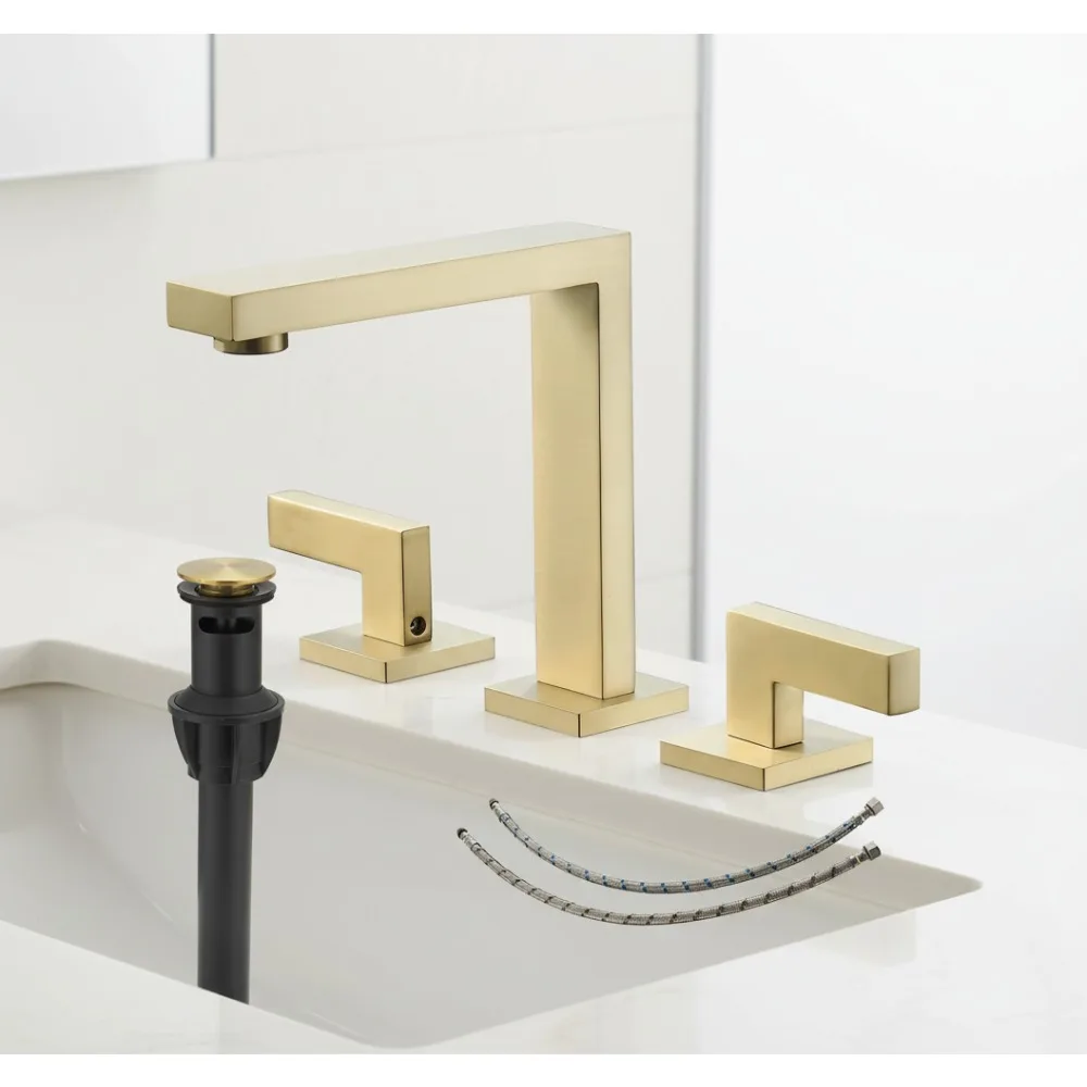 

Elegant Brushed Gold 8-Inch Widespread Bathroom Faucet with Pop-Up Drain - Dual Handle Mixer Tap for Modern Vanities