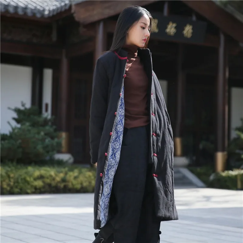 Luxury Brand Vintage Cotton Linen Long Parka Coat Warm Winter Trench Coat Patchwork Single-breasted Harajuku Outerwear Losse Top