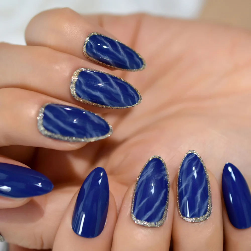 Unhas falsas stiletto de mármore azul brilhante, glitter prateado, pré-projetos, médio, manicure artificial, pontas de unhas decorativas para mulheres