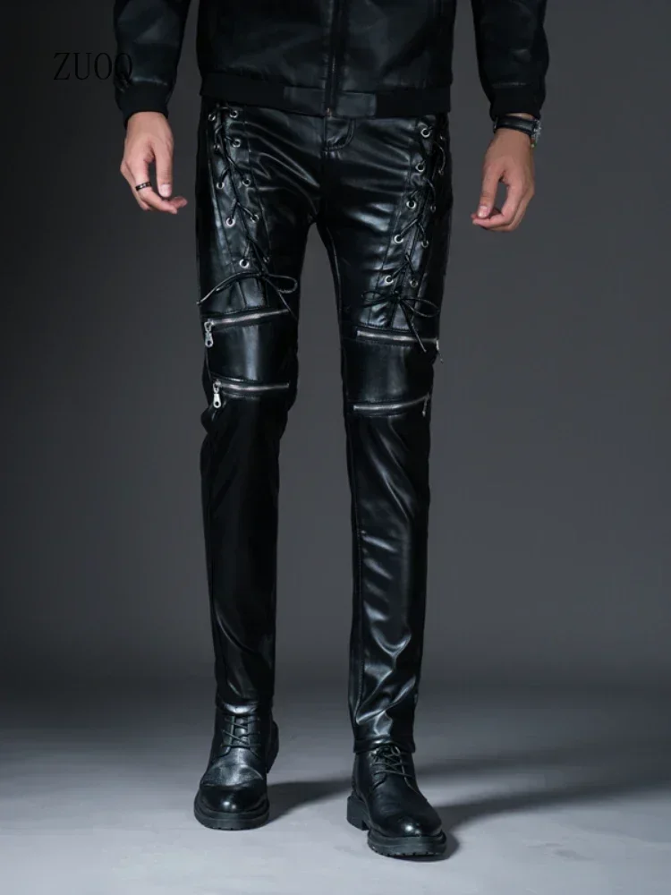 New Winter Spring Mens Skinny Biker Faux Leather Pants Fashion Motorcycle Trousers for Male Trouser Stage Club Wear