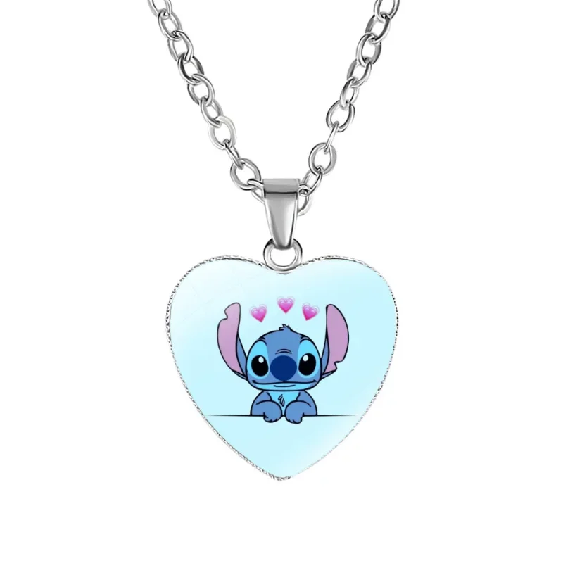 2023 New Disney Stitch Necklaces Lilo & Stitch Heart Printed Photo Glass Pendant Children Handmade Jewelry Gifts