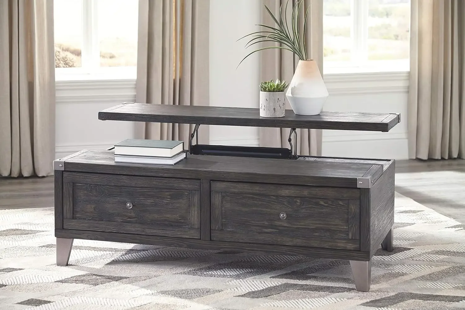 Todoe Industrial Rectangular Lift Top Coffee Table with 2 Storage Drawers, Dark Gray with Weathered Pine Finish