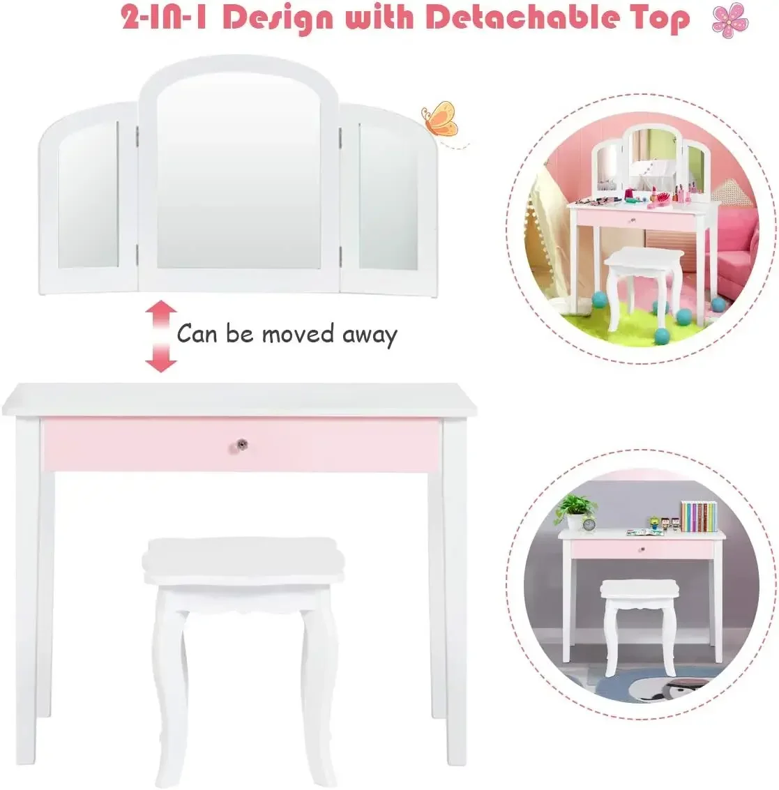 Kids Vanity Table, Princess Makeup Dressing Table with Drawer & Tri-Folding Mirror, 2-in-1 Vanity Set with Detachable Top, Prete