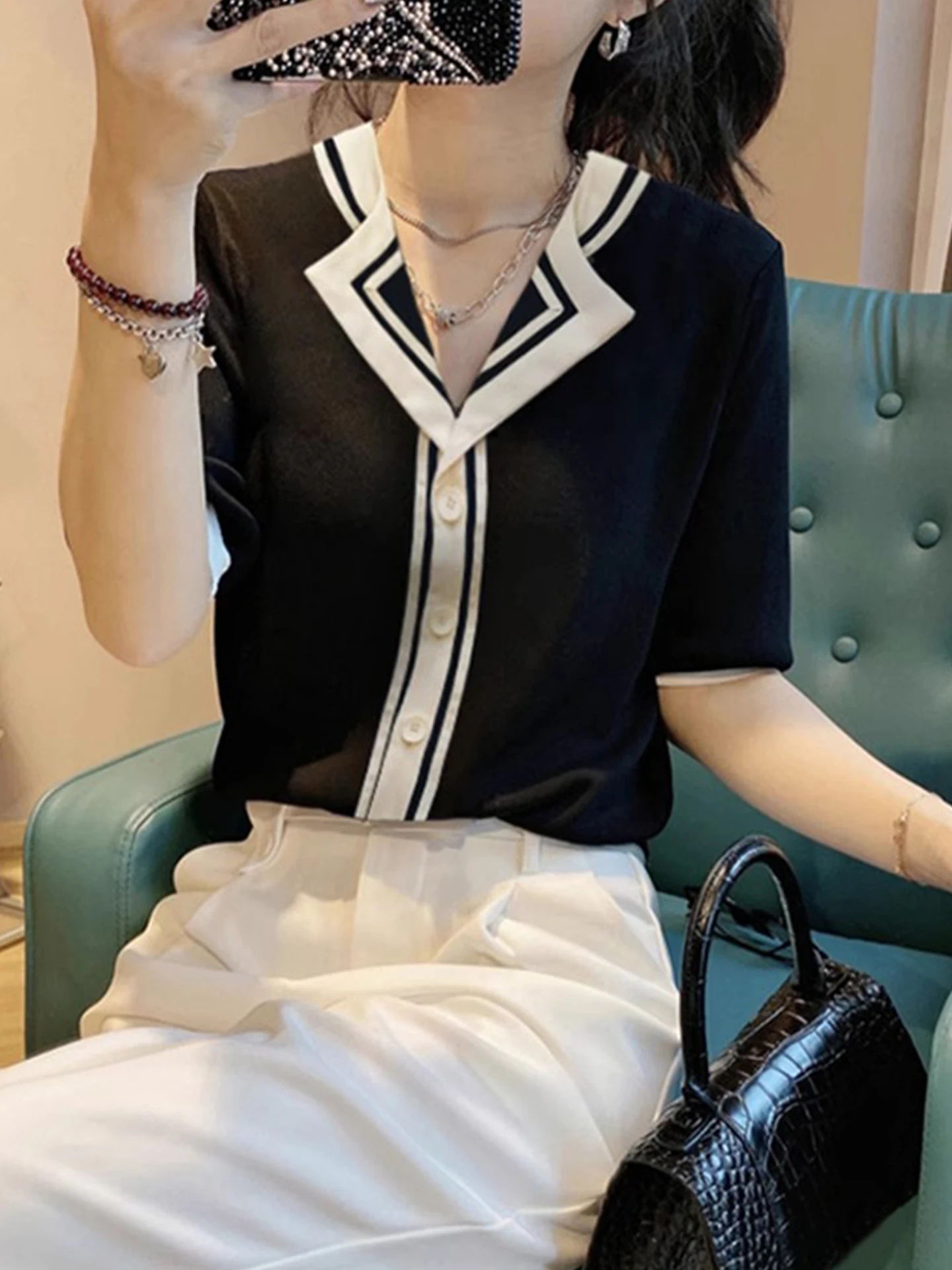 

Faionable Color Blo ort Sve Корейский повседневный трикотаж для похудения Base irt Poetic Lin Commute Straight Cut Button up