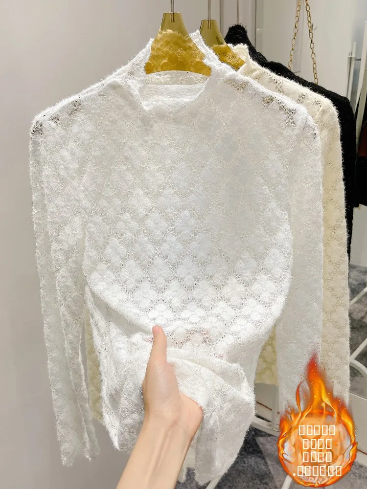 

High Collar Fce Lined Me Hollow out Women's Base irt Autumn Winter Faion Brand Tag Cut out Korean Sle Long Sve