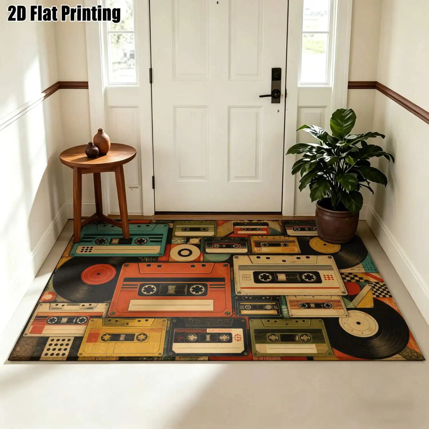 1Pc 2D Printed Retro Vinyl Tape Pattern Vintage Geometric Striped European Carpet, Home Decor, Multi-Size, Machine Washable, Ideal for Entrance, Dining, Foyer, Bedroom, Living Room Mats