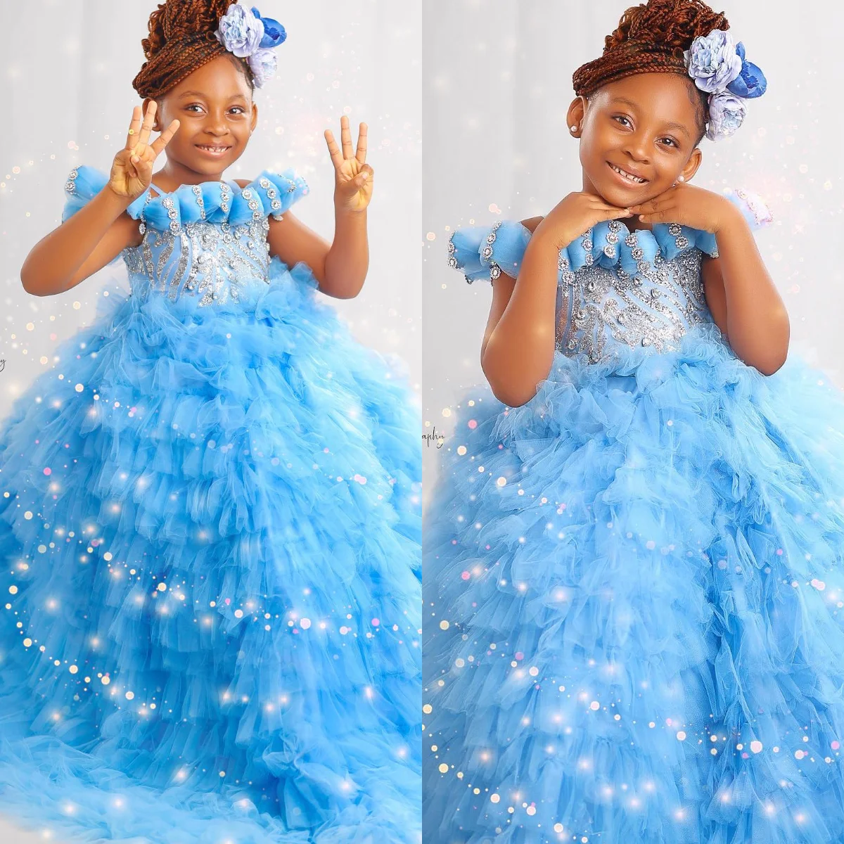 Maßgeschneidertes hellhimmelblaues Mädchen-Geburtstagskleid mit Perlen verziert, Rüschen, Blumenmädchenkleider für Hochzeit, Prinzessin, Baby-Fotoshooting-Kleider