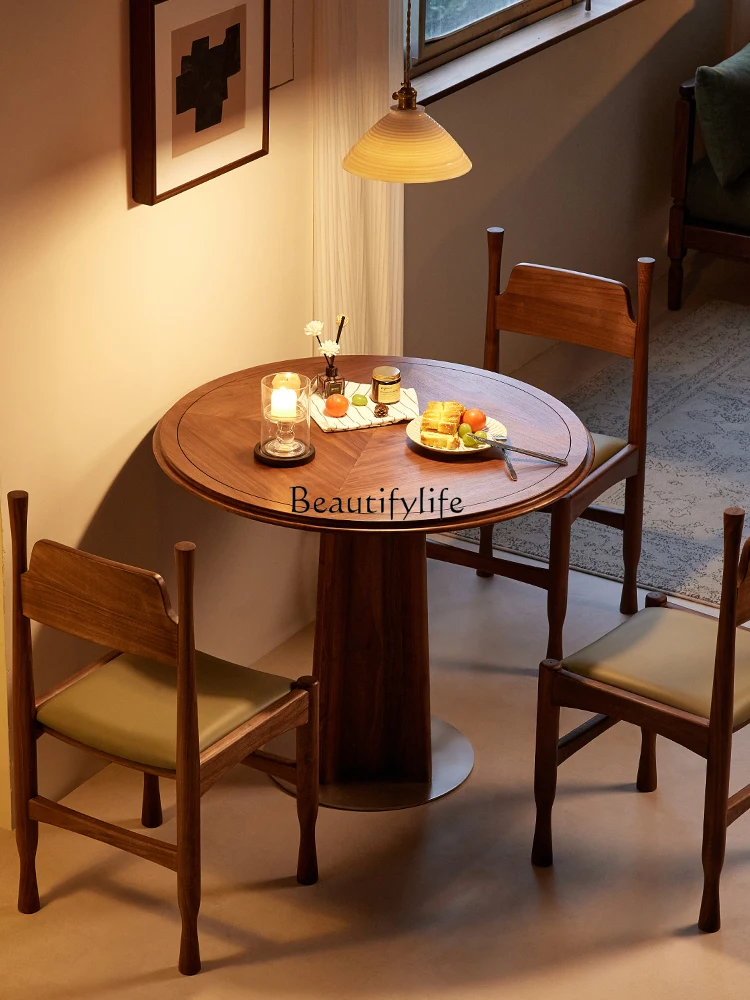 

North American black walnut round dining table French retro solid wood round table