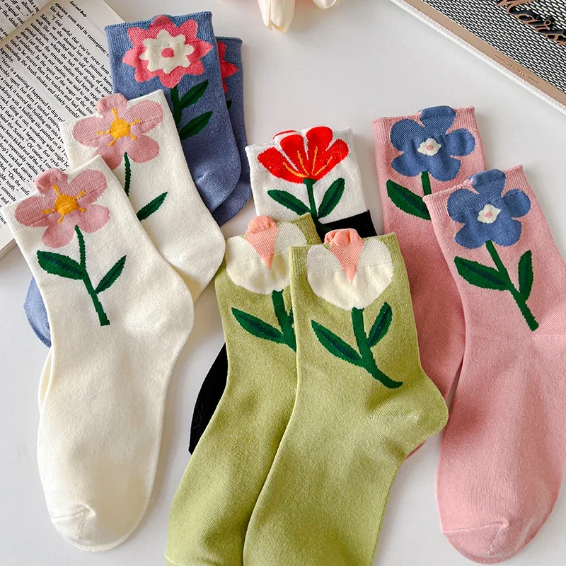 

1 Pair Women Socks Japanese Korean Style Cartoon Flower Candy Color Harajuku Kawaii Mid Tube Socks Breathable Casual Short Socks