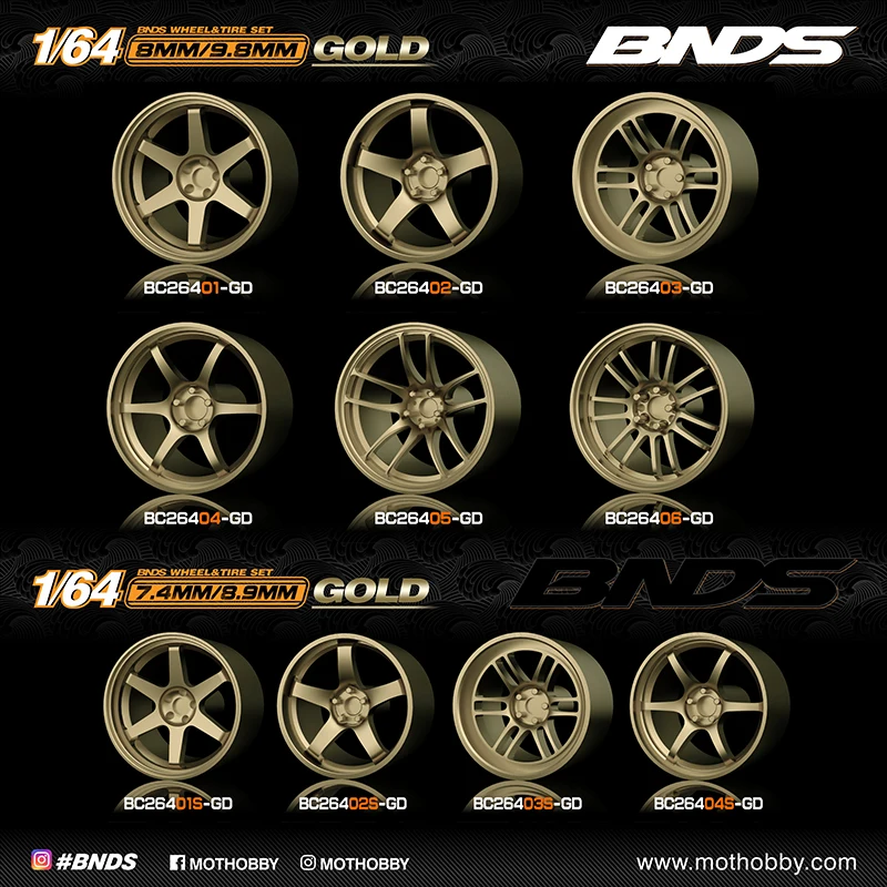 BNDS 1/64 Gold With Rubber Tires ABS Wheels Assembly Rims Modified Parts for Model Cars Refitted Tomica MiniGT