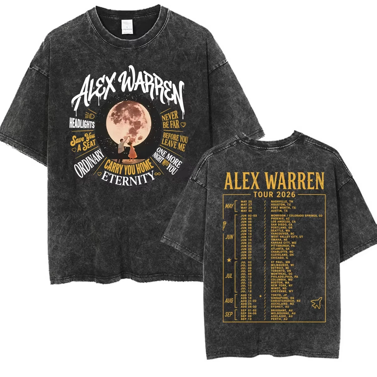 Y2k Music Tops Alex Warren Moon Artwork Music Tour 2026 Vintage Washed T Shirt Fashion Punk Hip Hop T-shirts Casual Print Tshirt