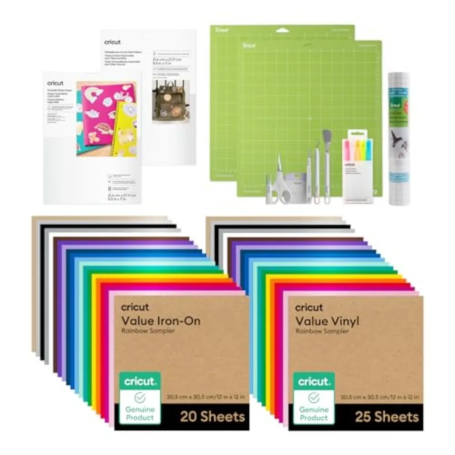 

® All-in-One Materials and Accessories Bundle - Includes Vinyl, Iron-On HTV, Sticker Paper, Printable HTV, Tools, Mats, Pens, a