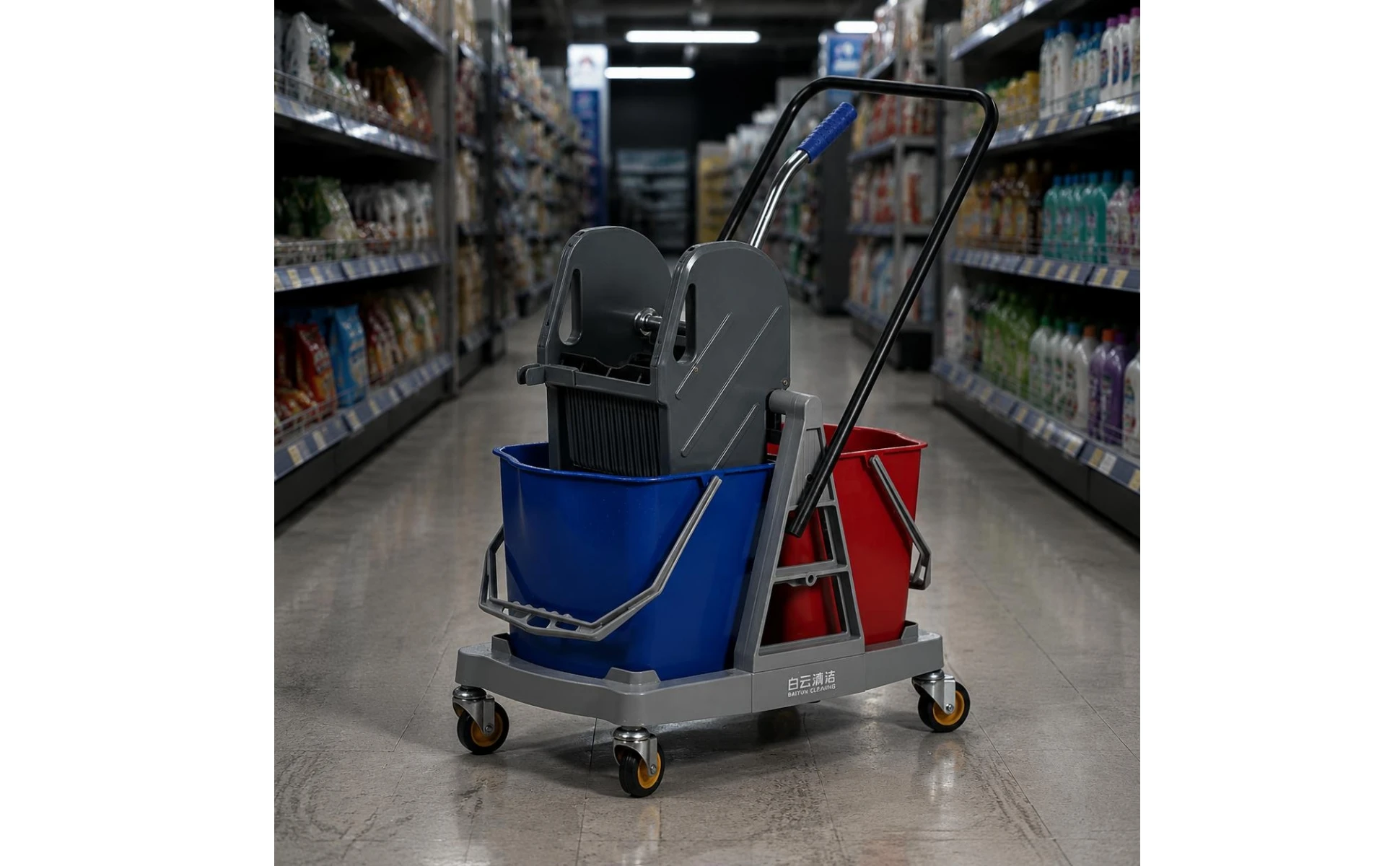 34 Liters Double Bucket Mop Trolley Easy to Move Dual Bucket Wringer Trolley Cleaning Equipment Sturdy Plastic Body for Hotel
