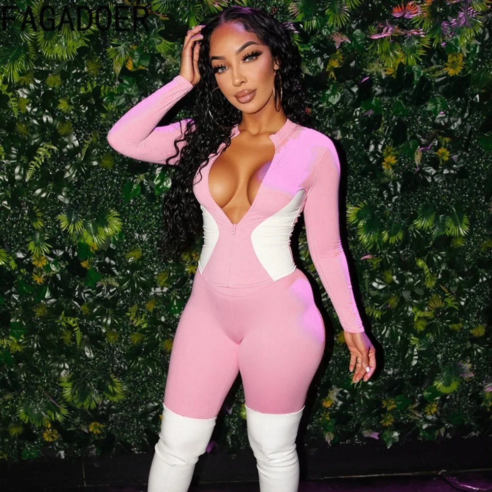 FAGADOER Casual Sports Woman 2 Piece Set Outfit Color Block Zipper Long Sleeve Slim Top and Shorts Midnight Female Streetwear