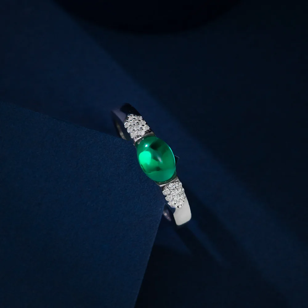 

New S925 silver egg shaped wood color cultivation emerald 5 * 7 retro niche 1ct ring women's ring high-end wedding jewelry