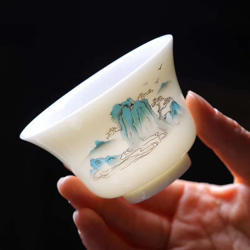 Yangzhi Jade Covered Bowl Dehua China White Three Talents Bowl Tea Cup High-end Anti-scalding Hand Tea House Small Size110ml