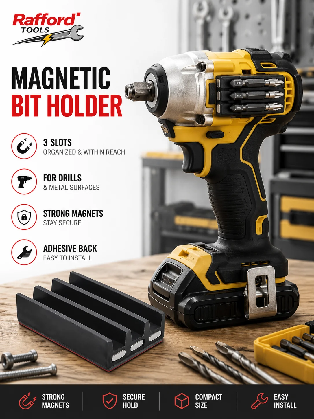 Rafford 3-Slot Magnetic Bit Holder — Self-Adhesive Screwdriver Bit Organizer for Power Drills and Metal Surfaces