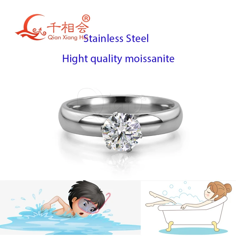 Stainless Steel 1ct 6.5mm round White Moissanite Ring Silver Color  Unisex Jewelry Water-Resistant for Bathing And Swimming