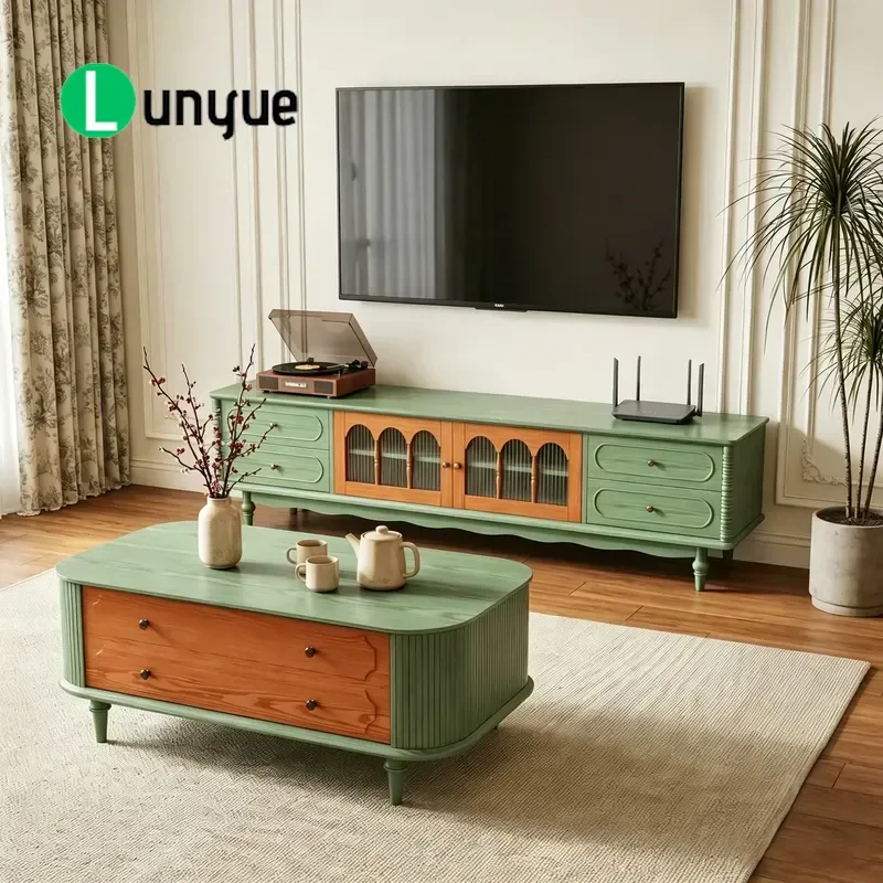 French Retro Solid Wood TV Cabinet Coffee Table Storage Combo Small Living Room Furniture Space Saving Multifunctional