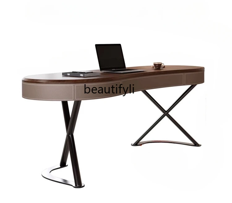 Home Retro Style Solid Wood Living Room Study Desk Minimalist Desk Saddle Leather Computer Desk