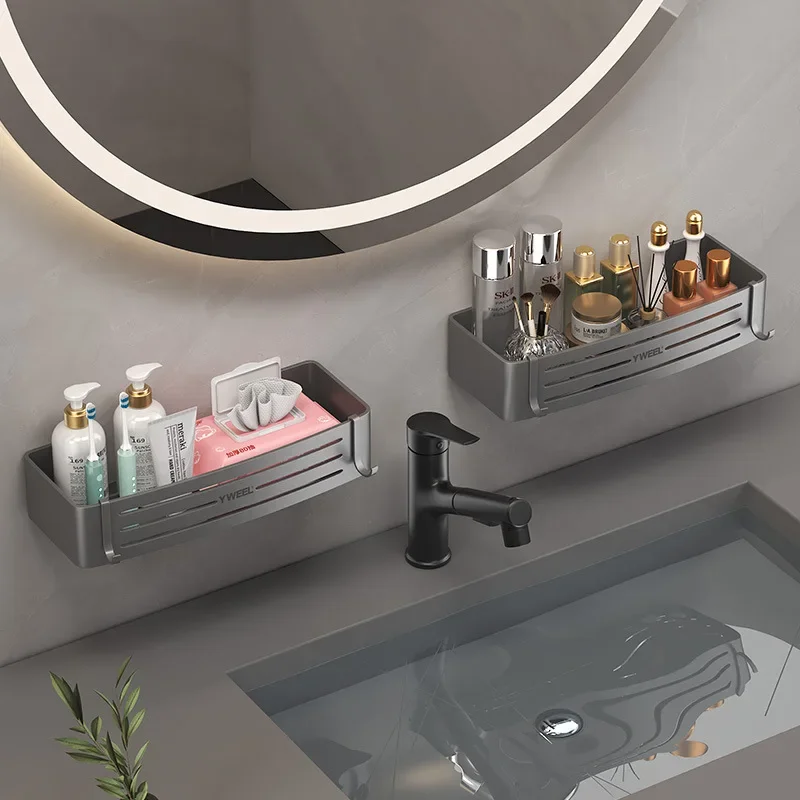 No-Drill Bathroom Shelf Shelves Shampoo Makeup Storage Holder Kitchen Organizer Wall Mounted Bathroom Accessories Aluminum Alloy