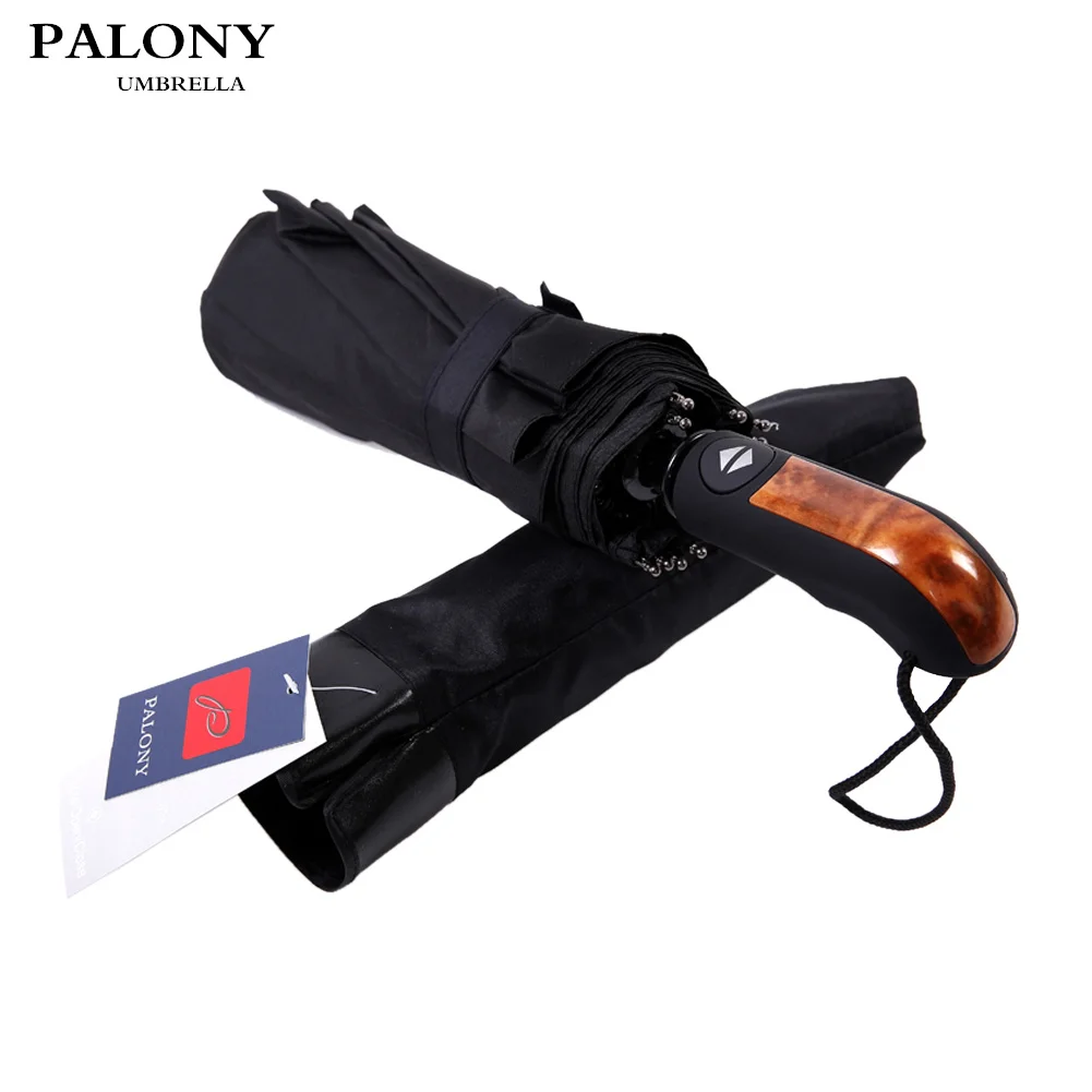 PALONY-Windproof Leather Handle Umbrella for Men, Strong Automatic Umbrella, Resistant, 3 Folding, Black, 10K