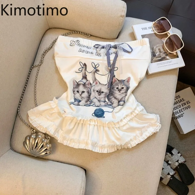 Kimotimo Cute Cat Print Bow Strapless Vest Women American Retro Sleeveless Slim Waist Ruffle Tops Sweet Y2k Aesthetic Tanks Ins
