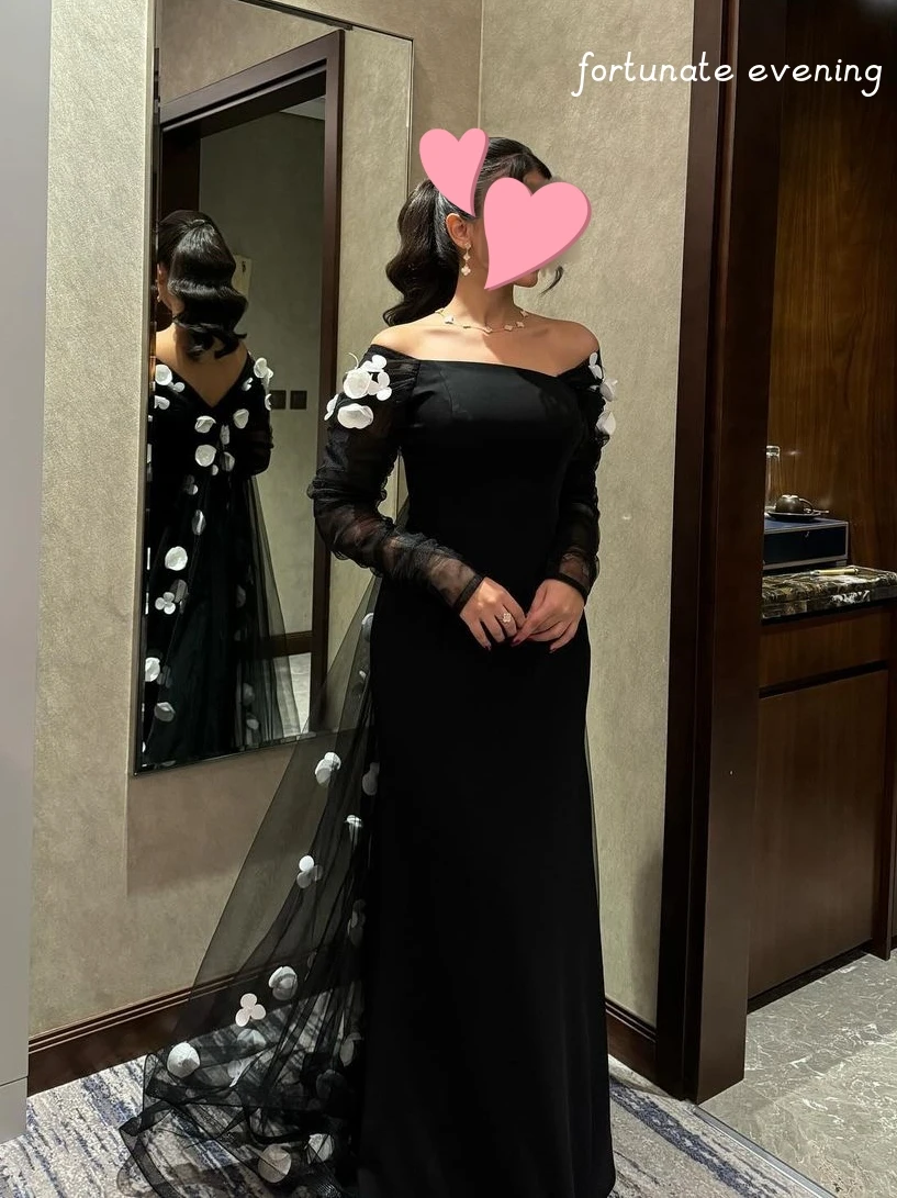 Fortunate Evening Elegant Vintage Sweet Sexy Black Beading Flowers Boat Neck Formal Occasion Prom Dress Evening Party Gowns