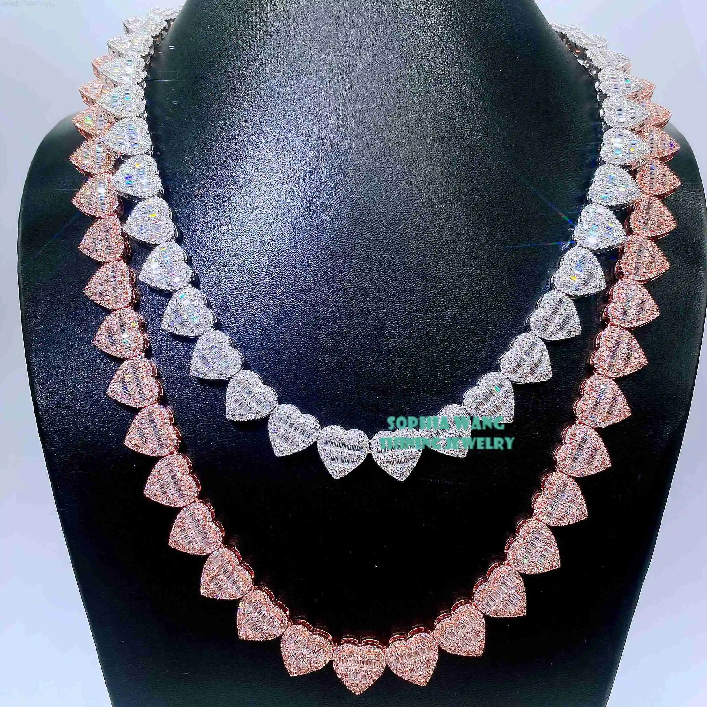 

Iced Pass Diamond Tester 18k Gold Plated Heart Pendant Necklace 13mm Baguette Moissanite Diamond Heart Tennis Necklace