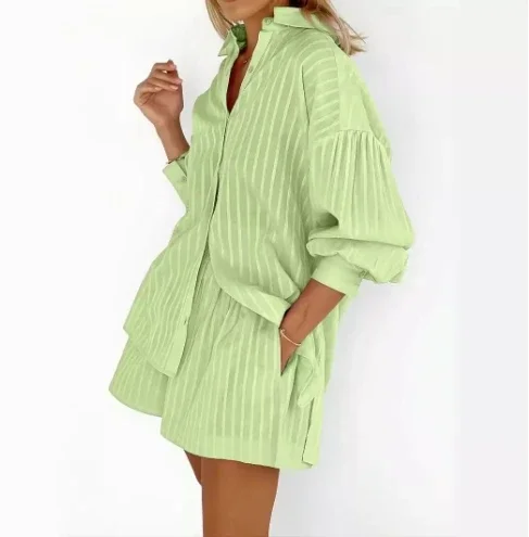 

Casual 2 Piece Sets Women Outfit Cotton Lapel Collar Stripe Puff Sleeves Button Shirt High Waist Loose Pockets Sweet Shorts Set