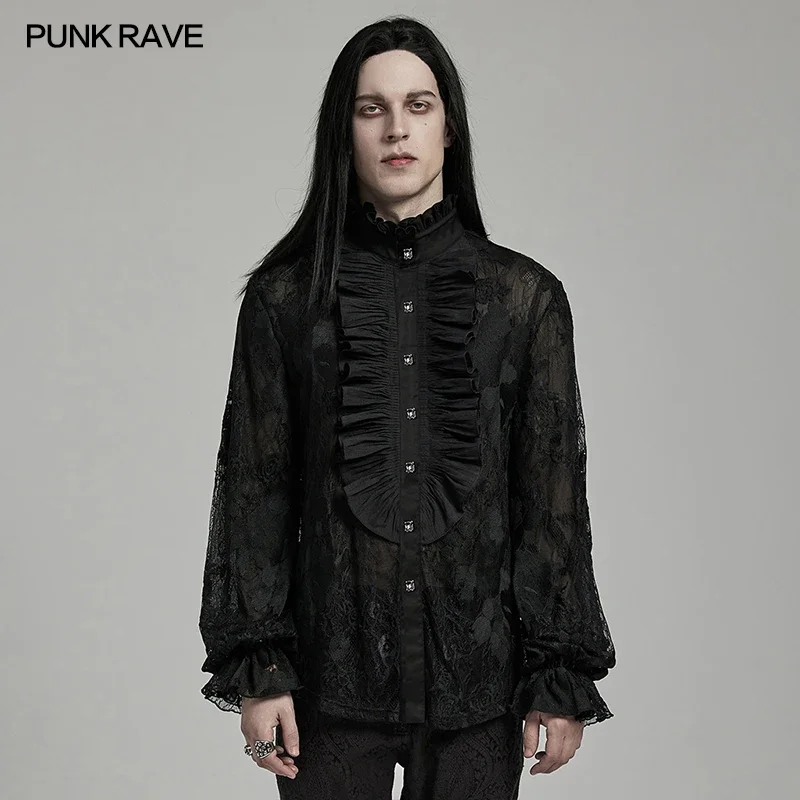 

PUNK RAVE Men's Gothic Lace Gorgeous Embroidery Floral Shirt Lantern Sleeve Design Party Club Loose Fitting Shirts Men Clothing