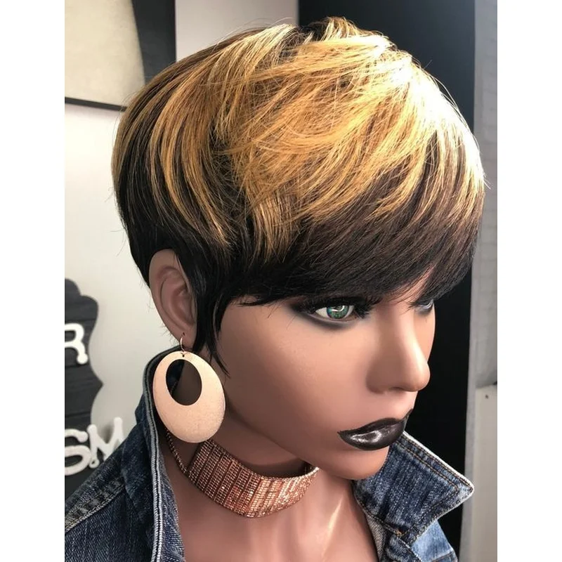 Pixie Cut Wigs for Women Human Hair Black with Blonde Color Short Straight