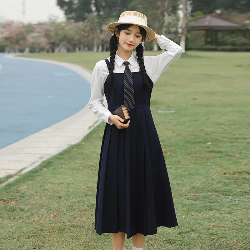 School Uniform for Women Solid Color Long Sleeve Jk Suit Coats New Tie Shirt Sling Pleated Skirt College Style Formal Clothes